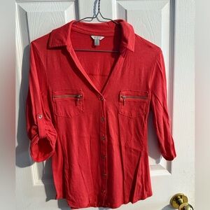 🎀 Guess Women's Red Button-Down Shirt with Zipper Pockets
